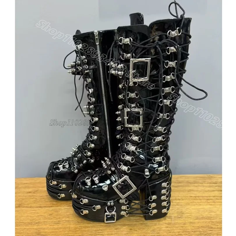 Black Cross Band Punk Style Boots Chunky Heels Side Zipper Solid New Fashion Women Casual Spring Boots 2024 Zapatos Para Mujere