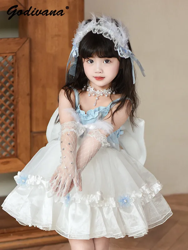

Sweet Baby Girls Heavy Ballet Lolita Princess Slip Dress Kids 2026 New Summer Mesh Ruffle Trim Cute Bow Tail Floral Ball Gown