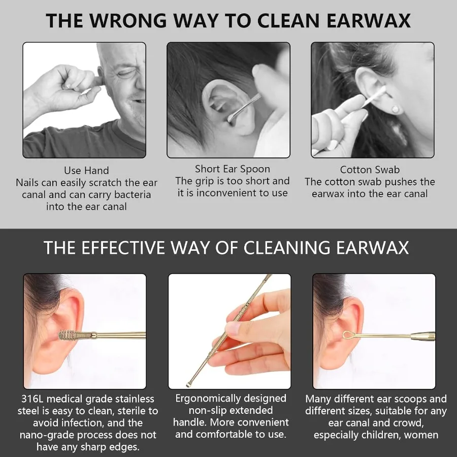6 Pcs Extended Ear Wax Removal KitProfessional Double-Headed Ear Pick Earwax Removal Tools 316L Stainless Steel Ear Cleaner Cur