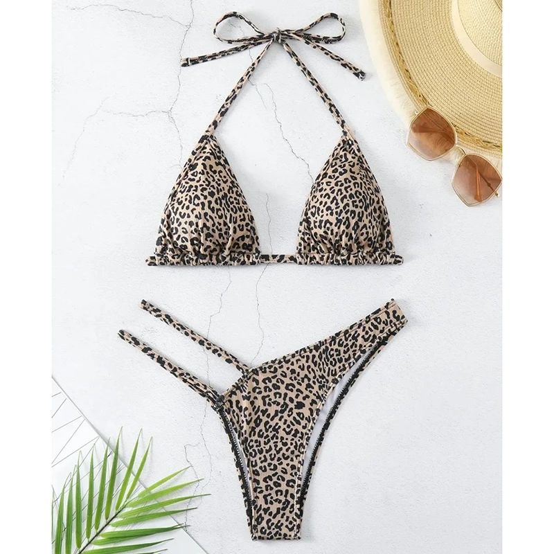 

Женский комплект бикини с леопардовым принтом, треугольный бюстгальтер с завязками, стринги, разделенный бикини, купальник, новинка 2025 года, сексуальный купальный костюм, комплекты из 2 предметов