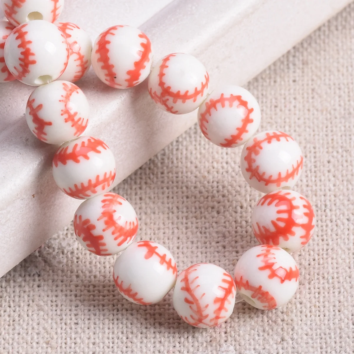 10pcs Baseball Pattern Round 8mm Handmade Painting Ceramci Porcelain Loose Beads For Jewelry Making DIY Crafts Findings