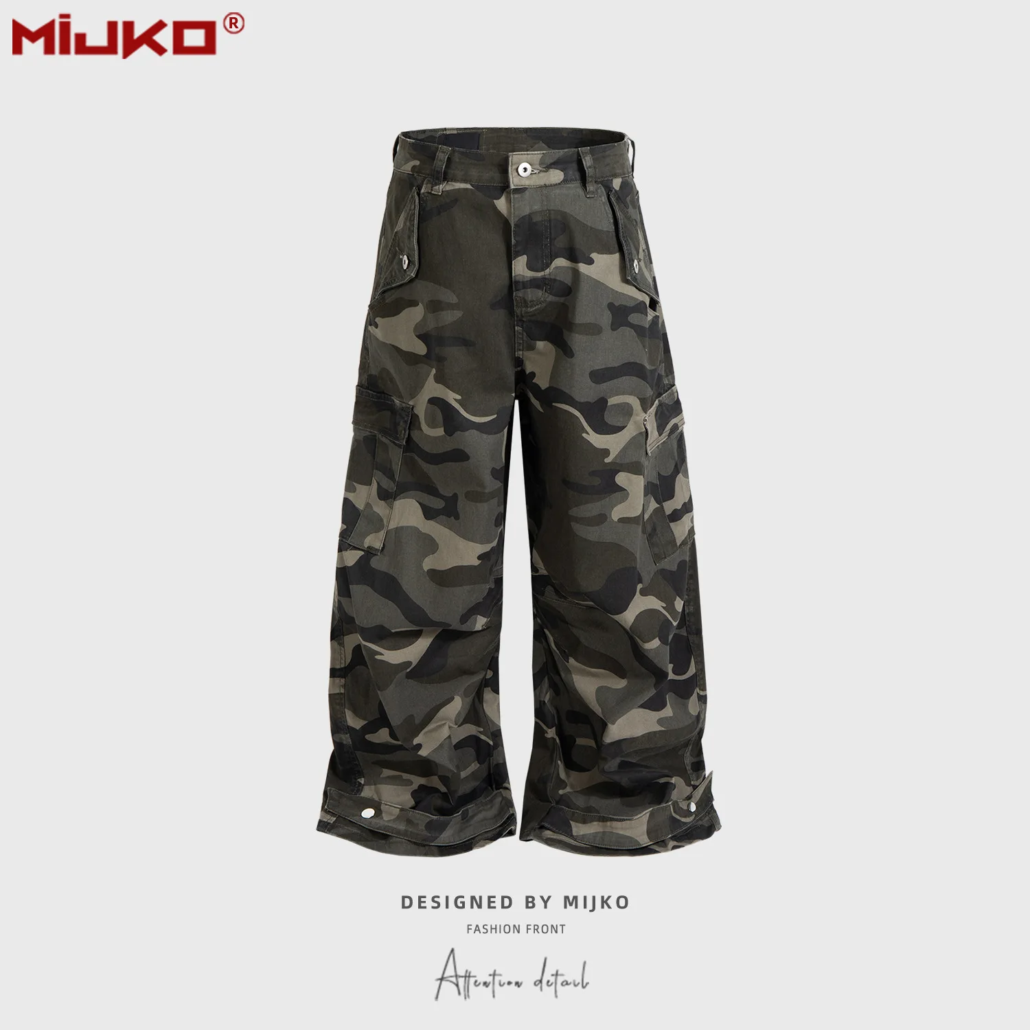 

MIJKO Unisex Camouflage Wide Leg Long Pants American Retro Style with Buckle Cuff Trendy Wide Tube Jeans Z053