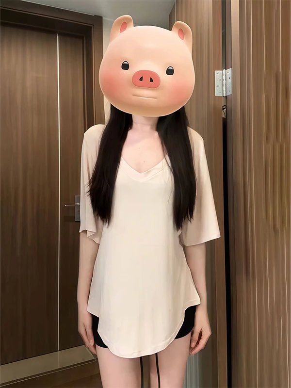 

Новая летняя женская футболка свободного кроя с V-образным вырезом и коротким рукавом из тонкого материала, однотонная, универсальный топ для женщин больших размеров