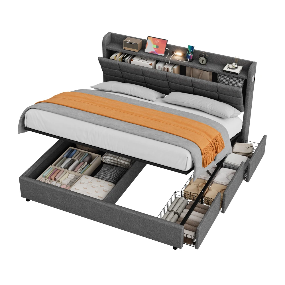 Ye 5ft King Bed Frame with Hydraulic Storage, Linen Upholstered Bed with Concealed Headboard Storage, Grey (No Mattress)