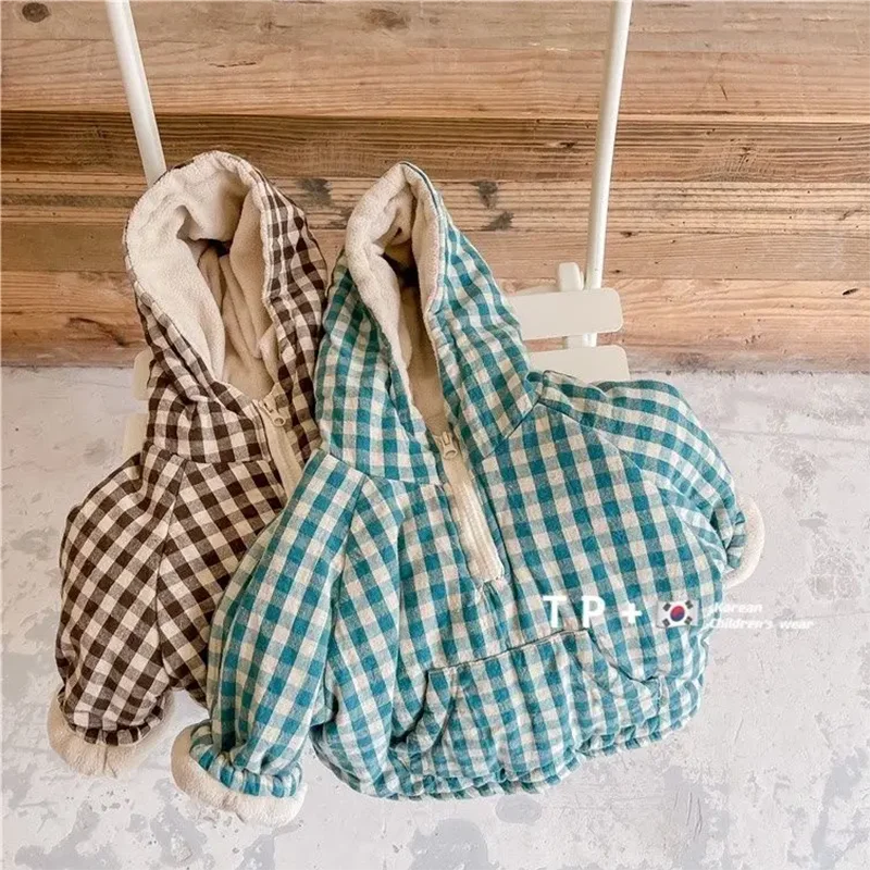Fashion Plaid Kids Jacket 2023 Korean Thicken Cotton Warm Boys Girls\' Coat Baby Cotton Coat Plush Winter Children\'s Clothing