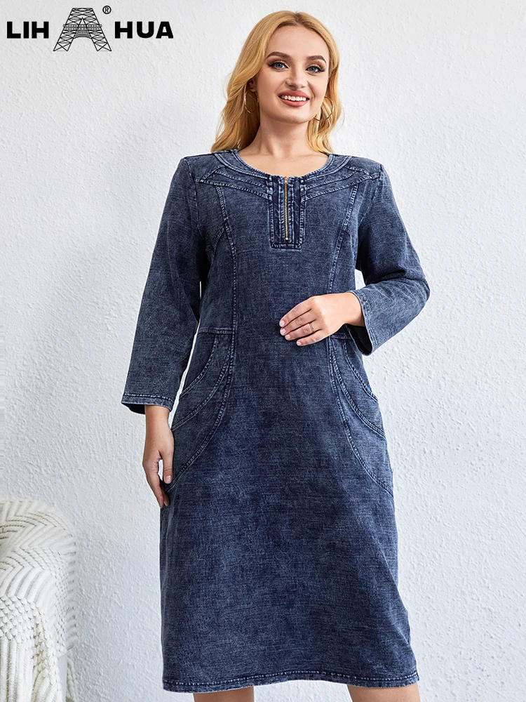 LIH HUA Women\'s Plus Size Denim Dress Round Neck Autumn Chic Elegant Dresses For Chubby Women Knitted Cotton Dress