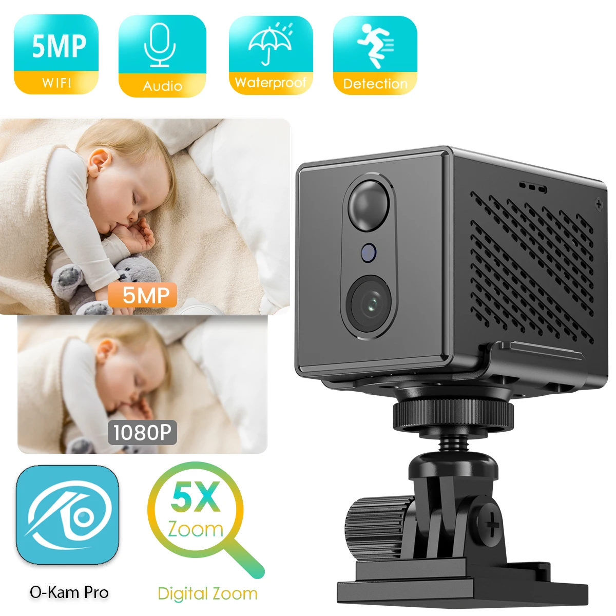 

5MP Mini Wifi IP Camera Built-in 2400mAh Rechargeable Battery Indoor Human Detect 5X Zoom Surveillance IP PTZ Camera O-Kam Pro
