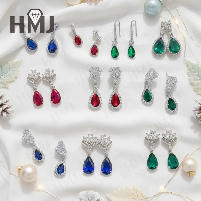 

7X11mm Lab Grown Gemstone Earrings3.4-5.9CT Pear Ruby Sapphire Colombia Side Moisanite S925 Ear Studs Women Christmas Party Gift