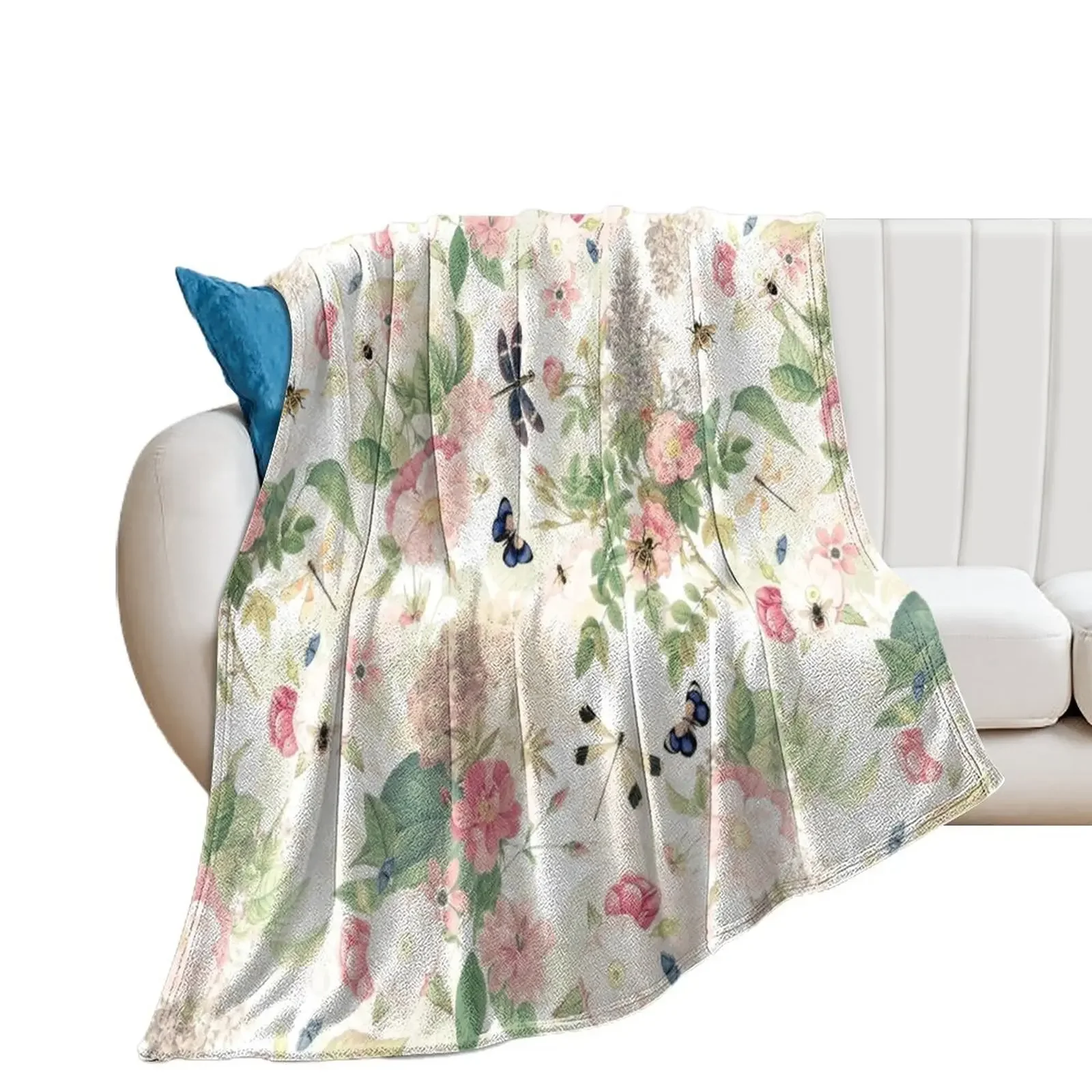 UtART - Vintage Roses Spring Flower And Early Insects Pattern - Sepia Blush Cream white Throw Blanket Soft Big Blankets