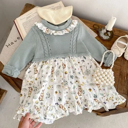 Autumn New Children's Fashion Versatile Dress Baby Girl Baby Knitted Patchwork Print Long Sleeve sisters Dress Dress