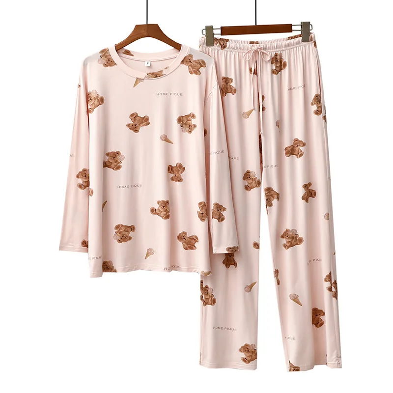 Spring Autumn Women\'s Kawaii Cartoon Anime Pajamas Ice Cream Bear Print Round Neck Long Sleeve Pants Cute Home Suit Set Gifts