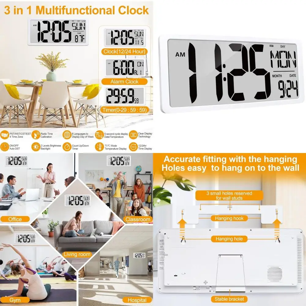 

Большие цифровые настенные часы 18,5 дюймов с подсветкой, на батарейках, с функцией зарядки, с большим ЖК-дисплеем для отображения времени, календаря и температуры