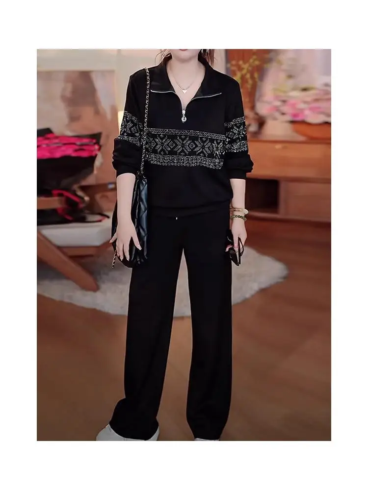 

plus Size Glitter Sweatshirt And Pants Set Casual Fashion Women's Autumn Slimming Ensemble High Waist Trousers Warm Midweight