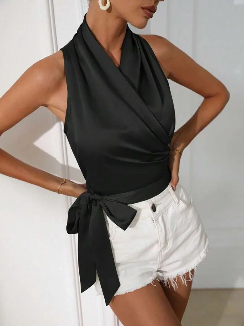 Women's Satin Sleeveless Halter Neck Tie Front Wrap Side Solid Color Slim Fit Blouse Tank Top for Women Clothing Female Fashion