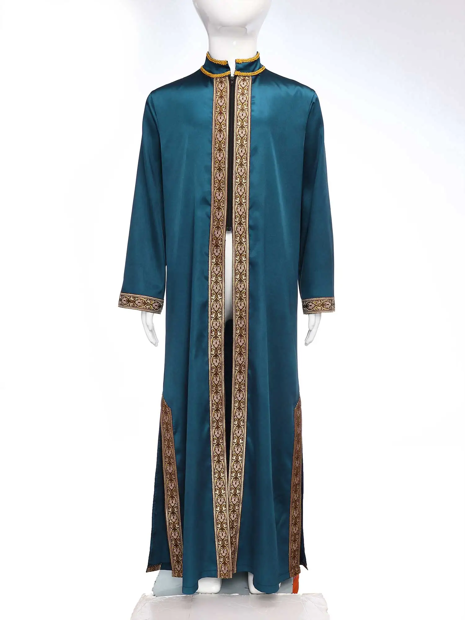 

Elegant Islamic Thobe for Boys Gold Embroidery And Stand Collar Robe Perfect for Eid Festival And Religious Ceremonies