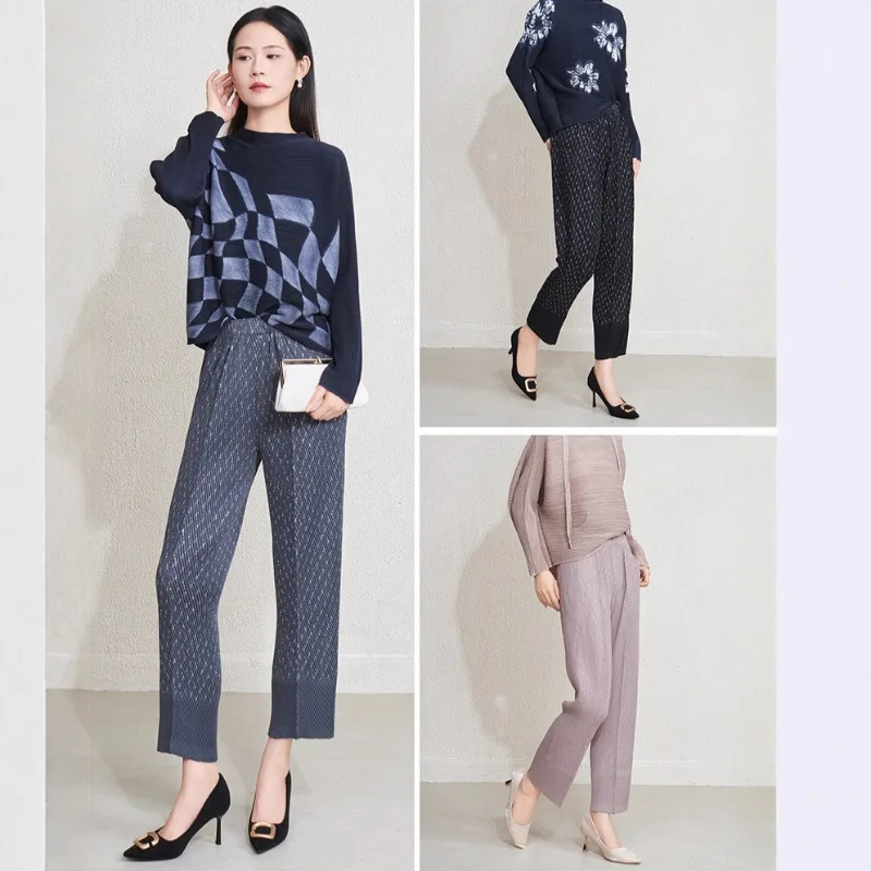 Miyake Fashion Pleat Women Calf Pants High Waist Loose Thin Straight Nine-minute Pants Simple Elastic Commuter Women's Clothing