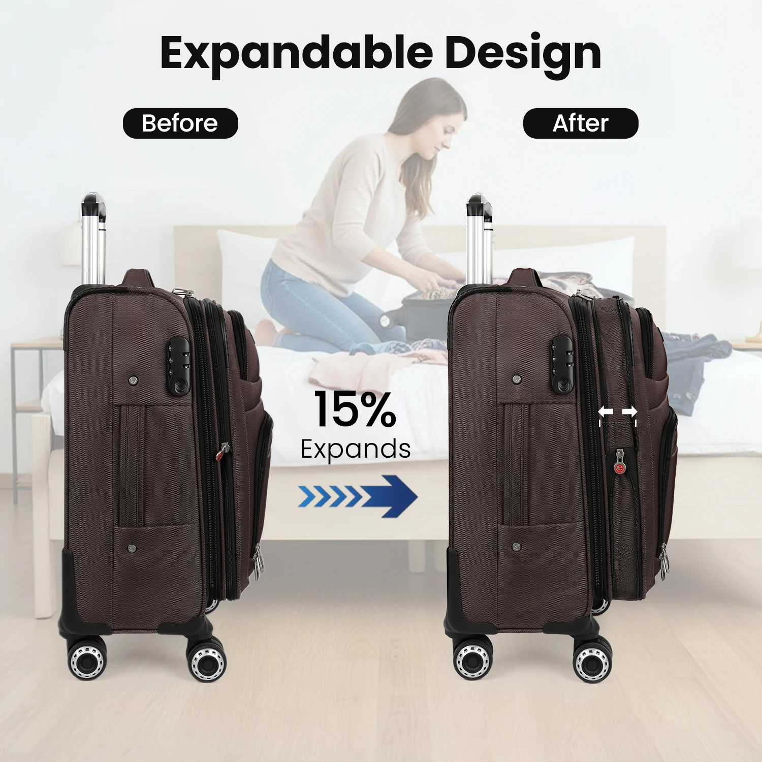 Softside Suitcase w/Combination LOCK Expandable 15% Luggage w/Double Spinner Wheels Lightweight Rolling Suitcases for Men/Women