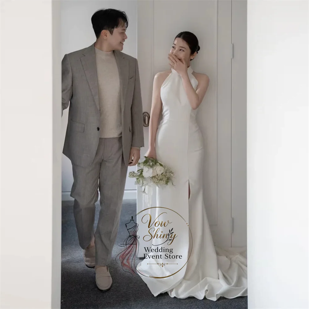 Vow Shiny Mermaid Halter Elegant Korean Wedding Dresses Side High Slit Outdoor Snapshot Customized Pretty Bride Dress 2027 ﻿