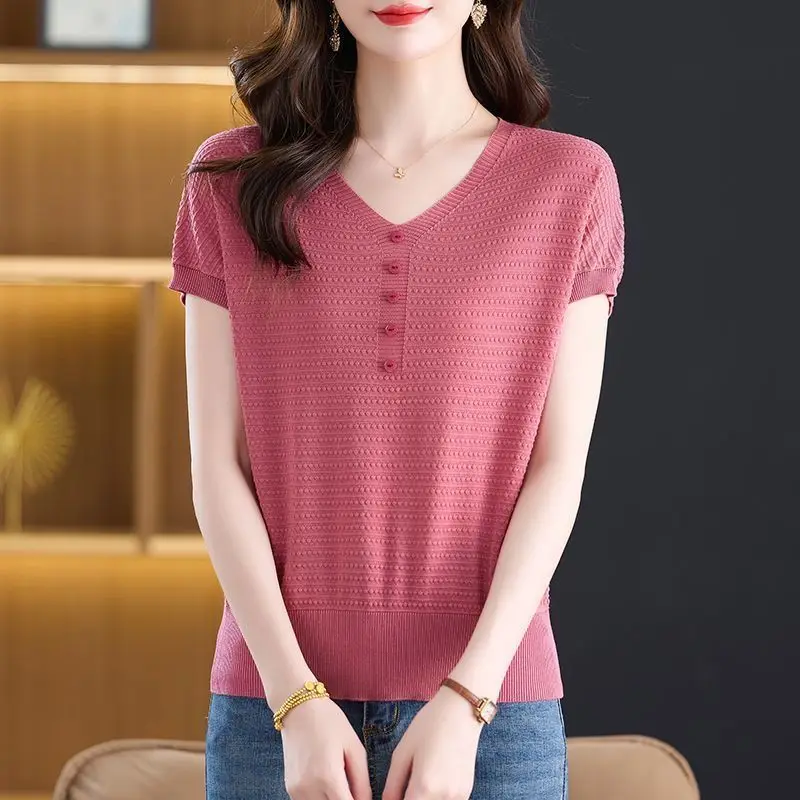 Women's Clothing High-grade Slim Fashion T-shirt Summer Casual Large Size Short Sleeve Knit Tee Lady V-neck Button Versatile Top