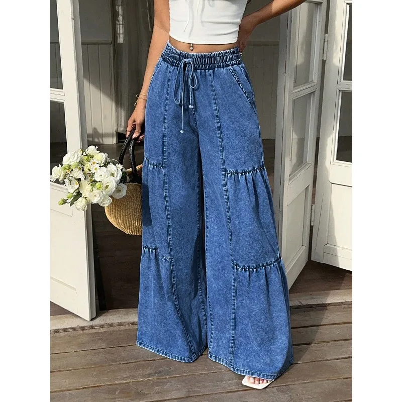 High Waist Women Denim Jeans Elastic Drawstring Waist Patchwork Tiered Ruffle Loose Wide‑Leg Flared Long Pants Casual Trousers