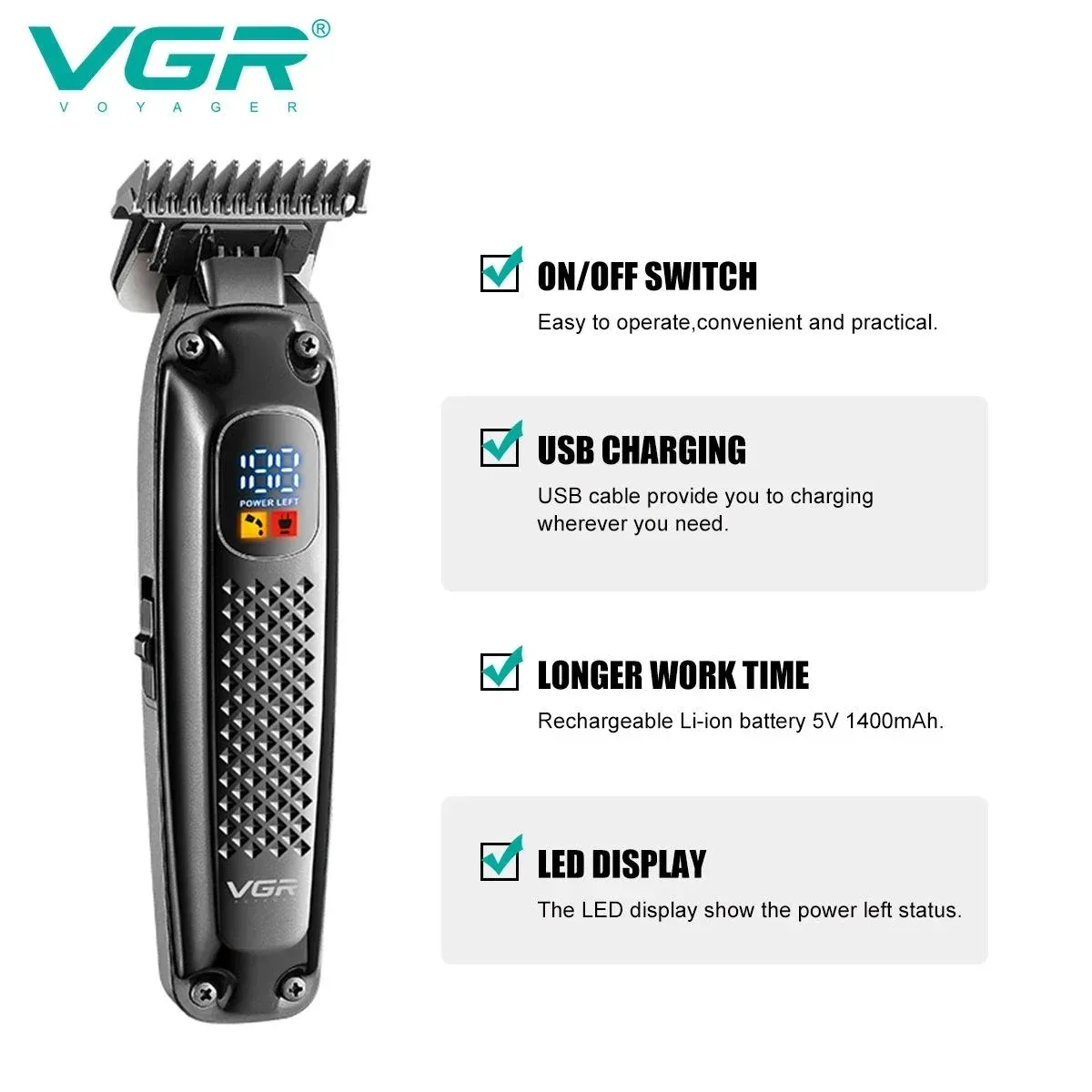 VGR Hair Clipper Professional Hair Trimmer Rechargeable Barber Clippers Cordless Trimmer LED Display Hair Clipper for Men V-972