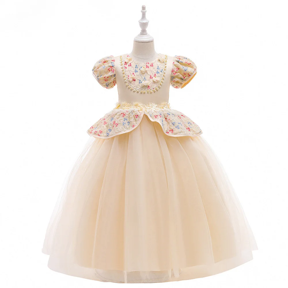 Pearls Beadings Long Kids Princess Dress Summer Puff Sleeve Flower Girls Embroidery Floral Mesh Dresses Wedding Party Ball Gown