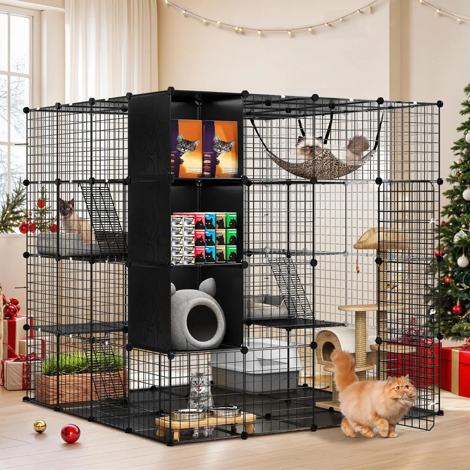 4 Tiers Large Cat Enclosure with DIY Storage Cube, Indoor Catio Playpen with Hammock for 1-4 Cats, Ideal for Home and Travel