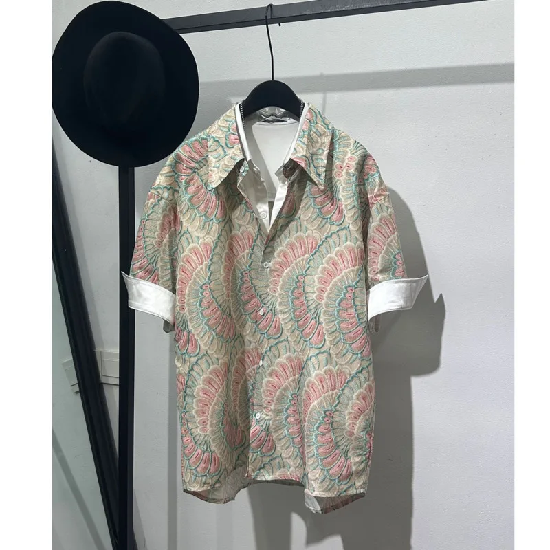 HKSH Summer New Men Tide Chic Ins Fashion Patchwork Printed Short-Sleeve Shirt Non-Iron Faux Two-Piece Turn-Down Collar HK26704