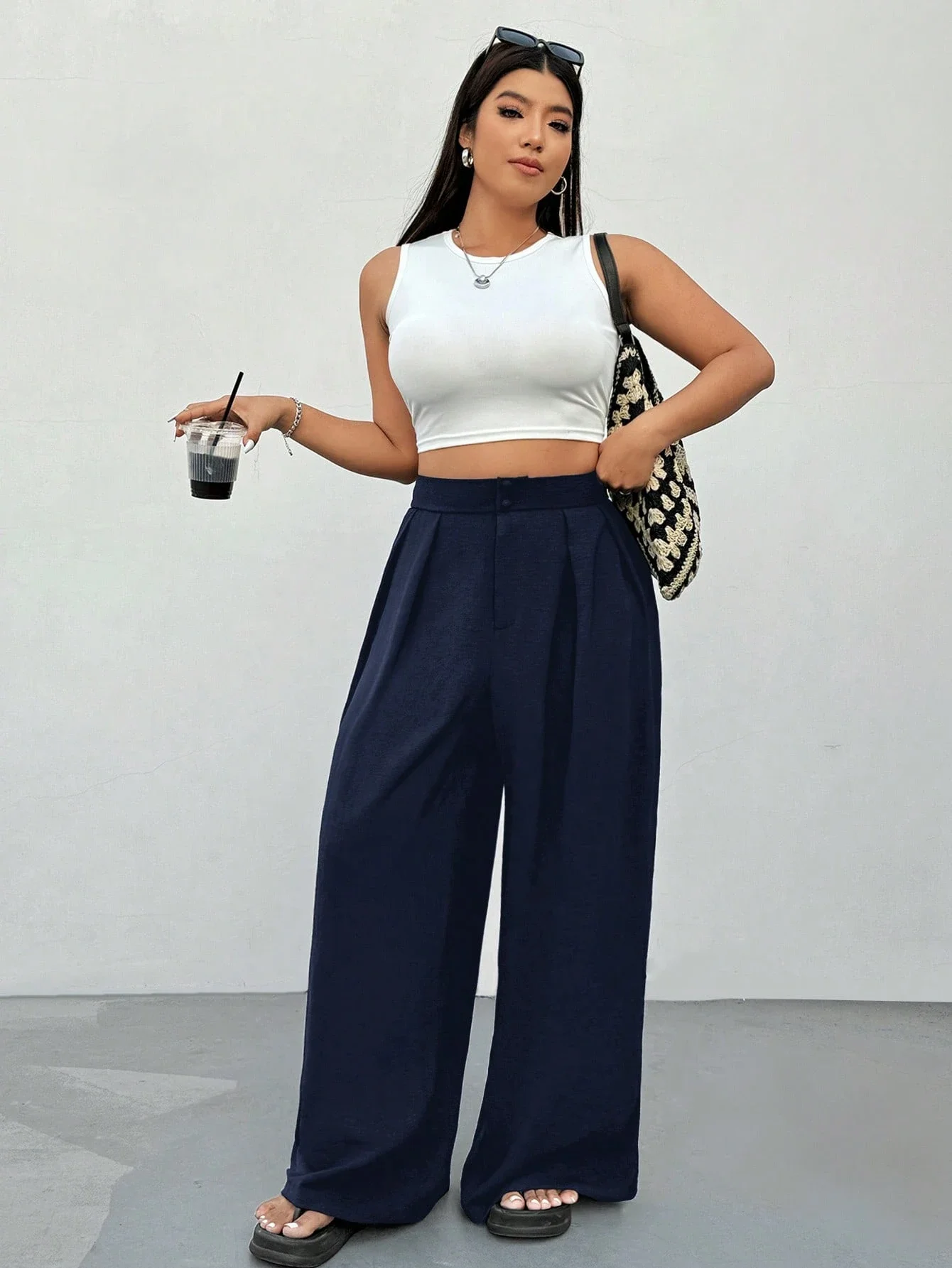 

Женские повседневные брюки с высокой талией, широкими штанинами, темно-синего цвета