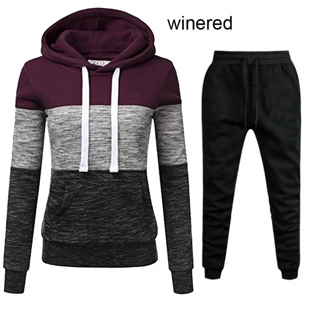 New Womens Hoodies Sweatshirt +Sweatpants 2 Piece Set Warm Splice High Quality Tracksuit Casual Jogging Pants Suit