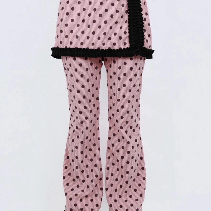 Autumn Winter New Pink Y2K Cute Polka Dot Fake Two-Piece Women's Curtain Pants Retro Design Black Lace Trim Splicing Pants Girl