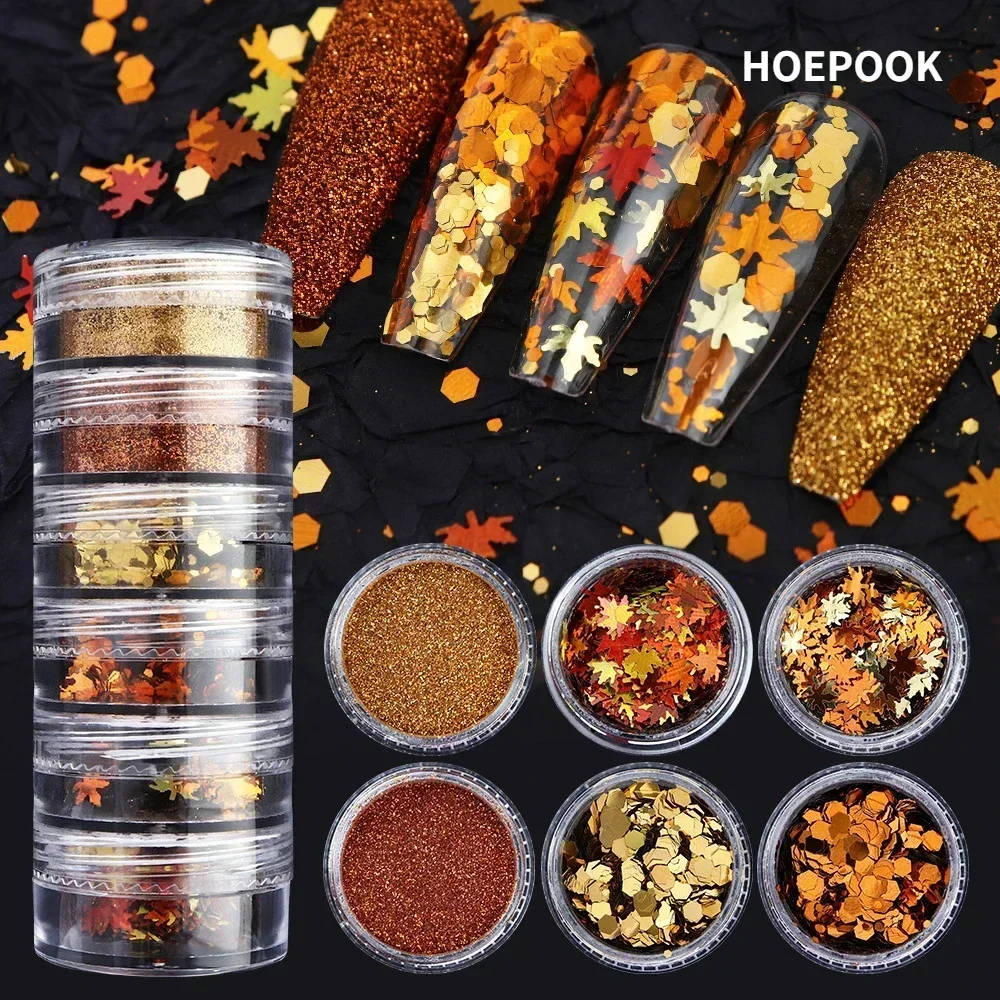 6Bottles/Set Autumn Maple Leaf Sequins Fine Powder Acrylic Design Nail Art Set Crystal Nail Glitter 3D Nail Tip Carving Tools