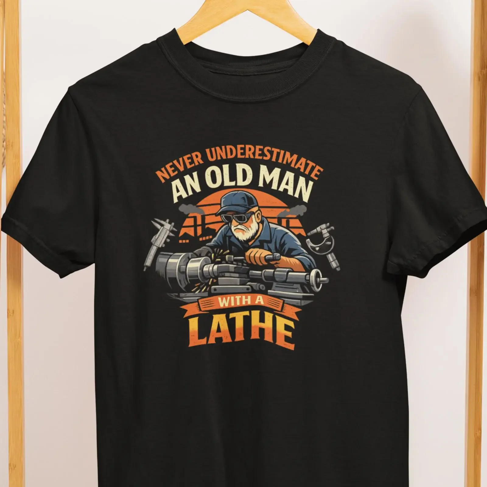 Never underestimate old man lathe t shirt machinist gift tee vintage Washed Top For Everyday Wear Comfortable Unisex fashion