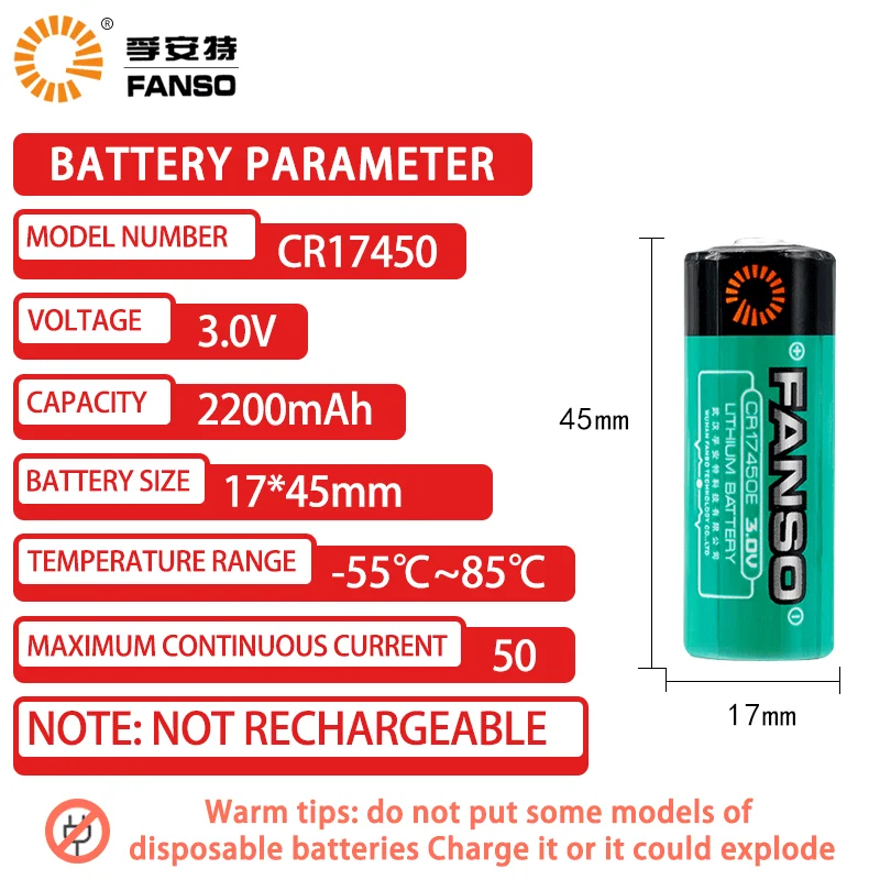 FANSO 1PCS CR17450 cr17450e Intelligent Water Meter PLC Industrial Control Equipment Flowmeter 3V 2200mAh Lithium Battery Pack