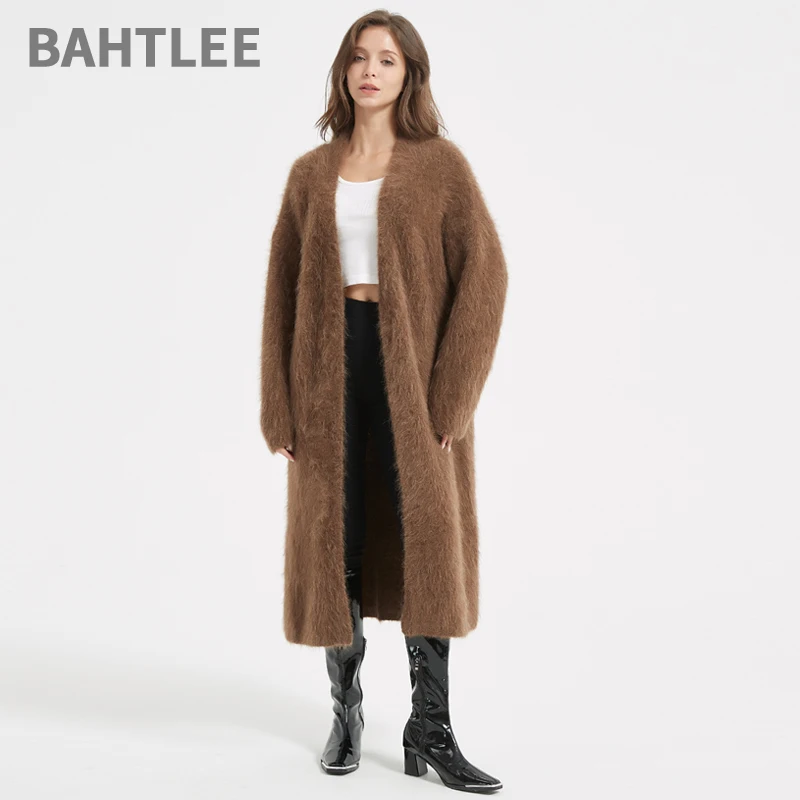 

BAHTLEE-Alpaca Wool Cardigan for Women, Super Long Sweater, Long Sleeves, V-Neck Knitted, Jacquard, Winter