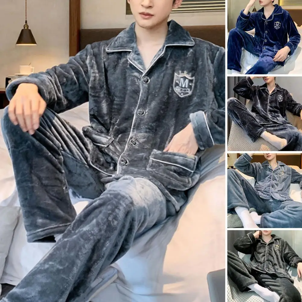 

2024 New Men Winter Warm Flannel Pajamas Set V-neck Fluffy Coat + Long Pants Male Sleepwear for Sleeping 2 Pieces Housewear 3XL