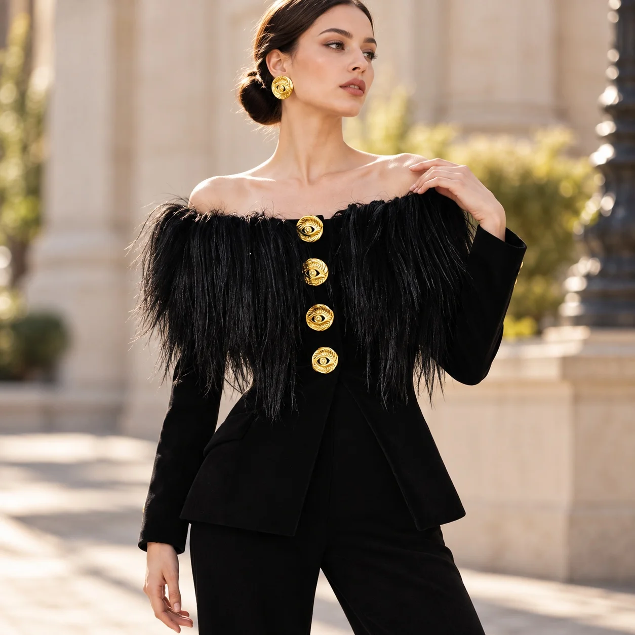 Patchwork Slim Fit Coat Regular Length Streetwear with Elegant Fitted Off Shoulder Neckline Regular Sleeve Summer Women Suit