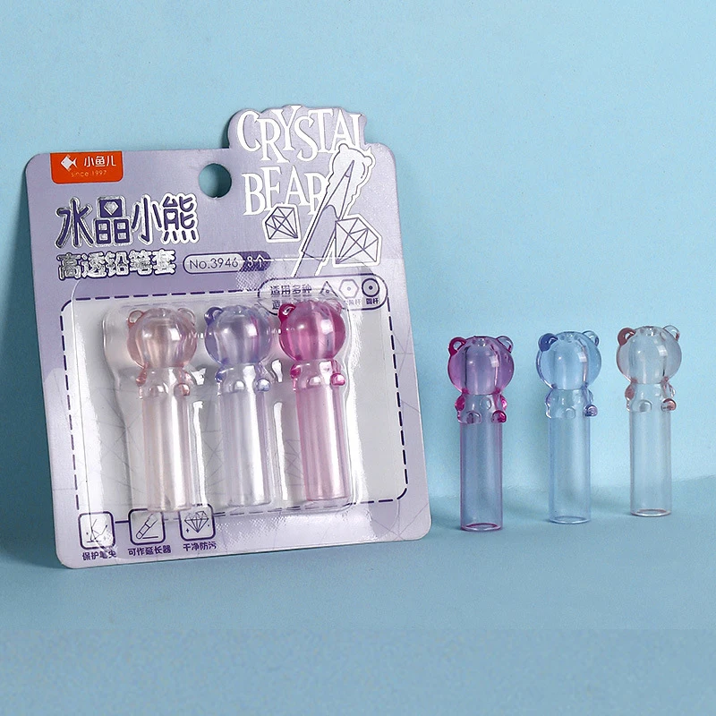 3 قطعة/المجموعة كريستال الدب الصغير غطاء قلم رصاص شفاف ، غطاء قلم رصاص ، غطاء قلم طالب المدرسة رياض الأطفال قلم رصاص حامي
