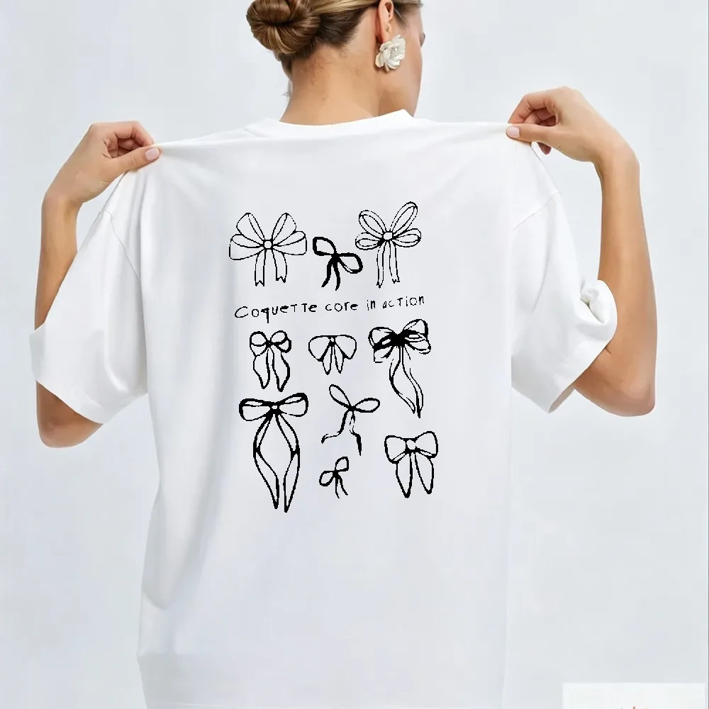 Hand-Drawn Crew Neck Short Sleeve T Shirt with Black Line Art Bows Women Clothing Vintage High Quality Cotton Beach Vacation