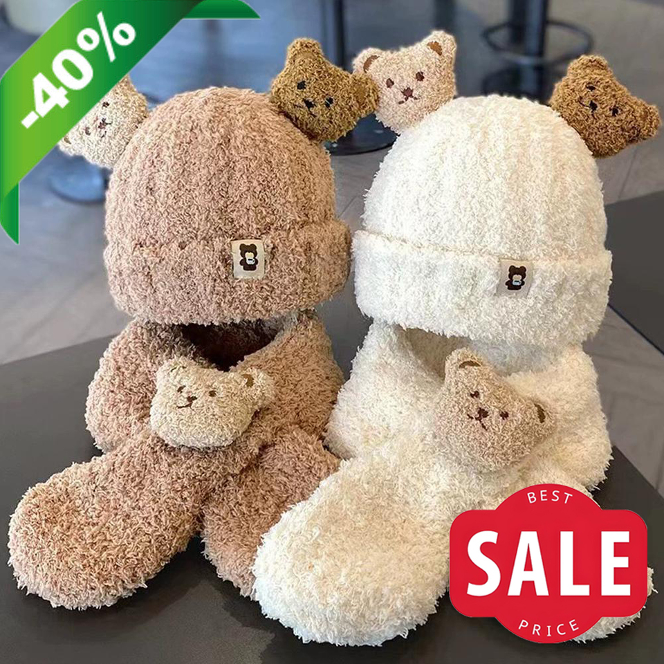  Fluffy Bear Winter Hat Scarf Set for Toddlers 3 Months to 1.5 Years Thick Fleece Hooded Skull Caps Children's Warm Outfit 