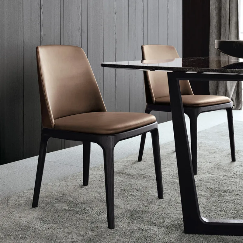 

Italian light luxury dining chair home designer solid wood ash wood leisure chair modern simple small apartment leather backrest
