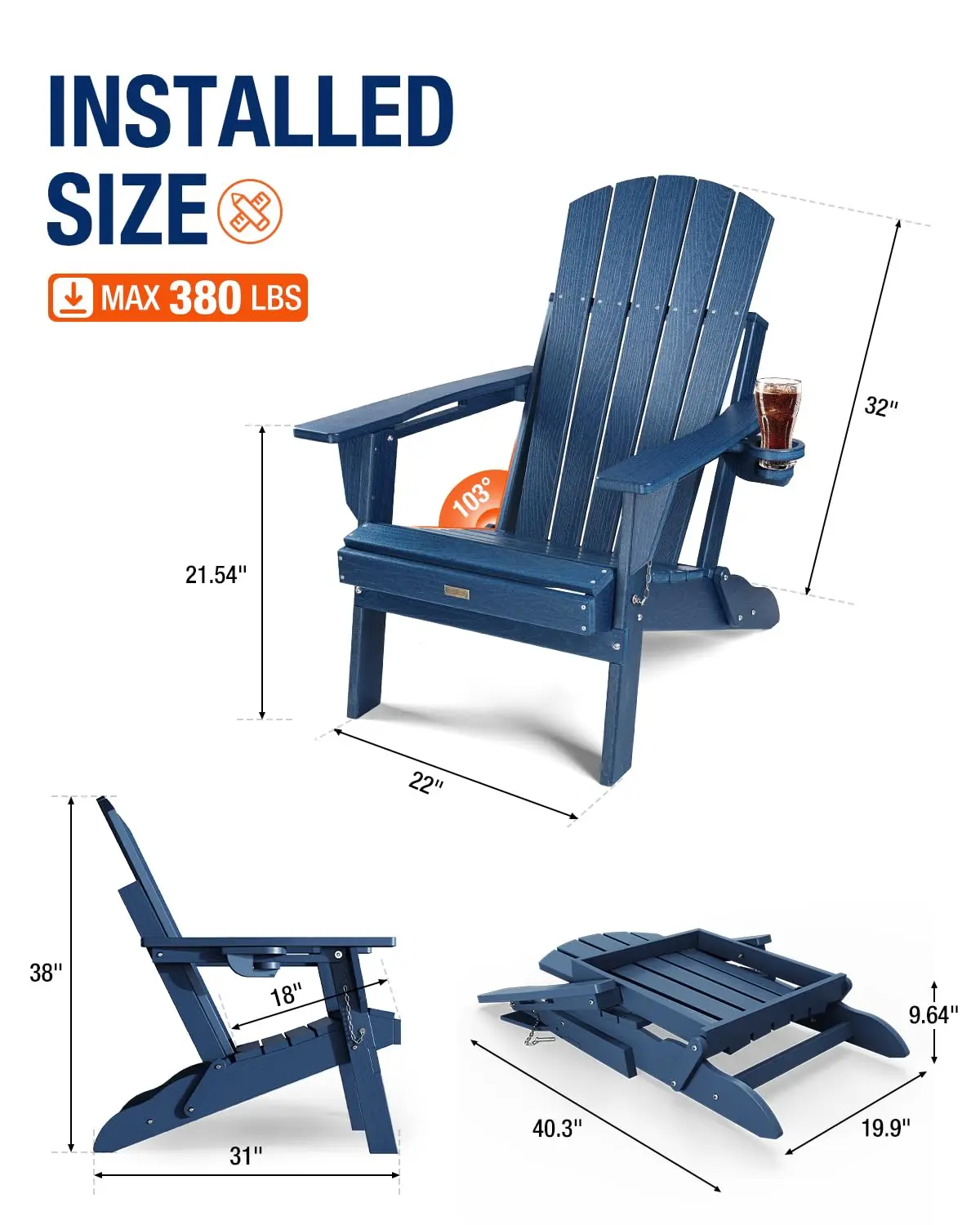 HDPE Folding Adirondack Chair 2pcs, Wood Texture Higher Back All Weather Outdoor Chair with Cup Holder for Patio, Customized