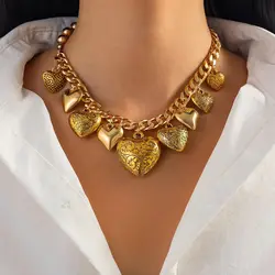 Ingemark Vintage Printed Love Heart Tassel Pendant Choker Necklace for Women Punk Asymmetrical Chunky Chain Aesthetics Jewelry
