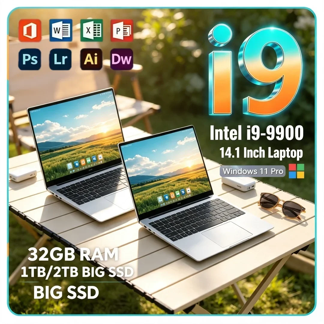 14.1 Inch Powerful Ultra Slim Laptop Intel i9-9900 16/32GB RAM 1TB/2TB Big SSD Portable Windows11 Office Study