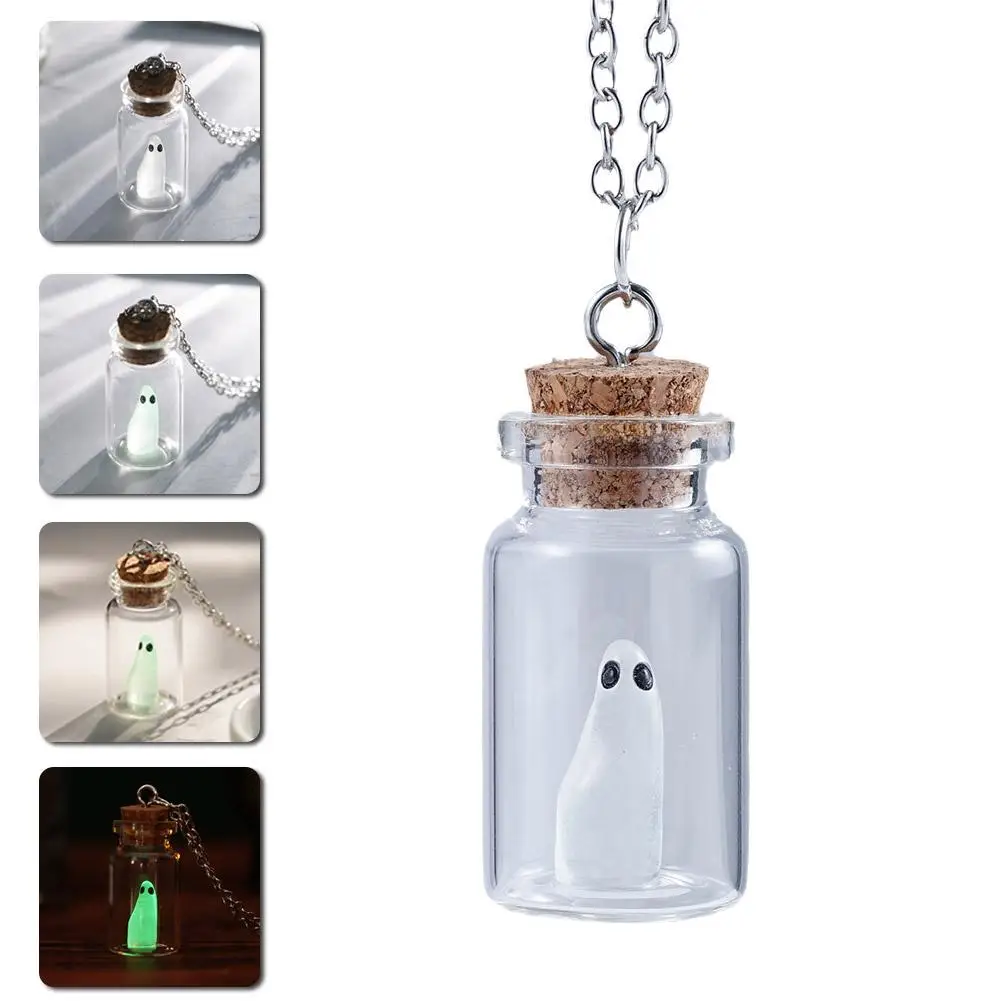 Halloween Glow Tiny Ghost in A Bottle Pendant Necklace Luminous The Adopt a ghost necklace for Women Jewelry Festival Gifts N5M5