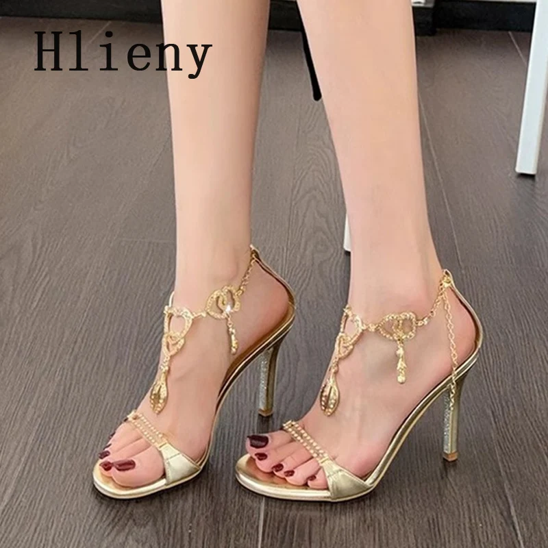 

Hlieny Golden Open Toe Women Sandals Sexy Crystal Chain Buckle Strap Stiletto High Heels Wedding Party Stripper Shoes