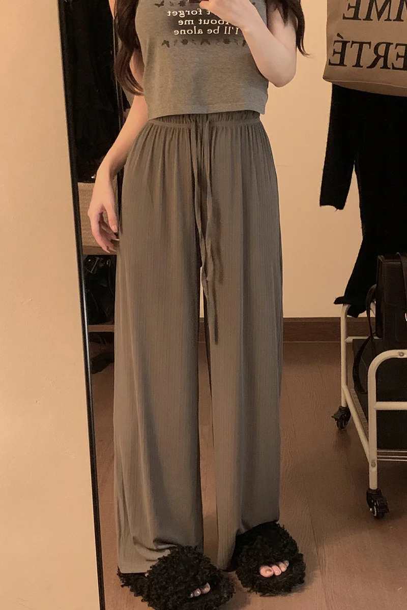 Ice Silk Casual Pants Women's Summer Thin Long High Waist Pants Black Loose Straight Leg Wide Leg Pants