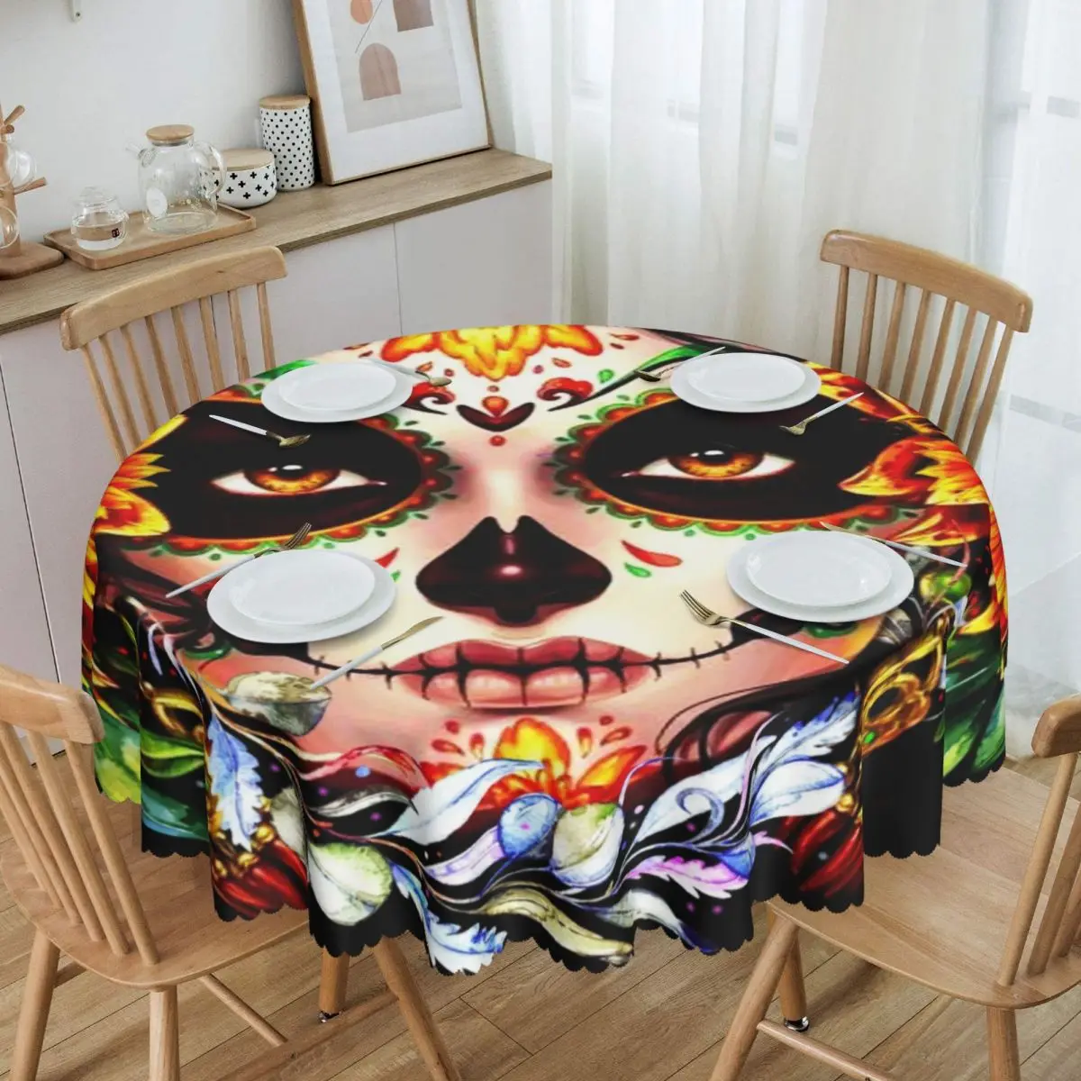 Custom Round Catrina Mexican Sugar Skull Girl Tablecloth Waterproof Oil-Proof Table Cover 60 inches Halloween Horror Table Cloth