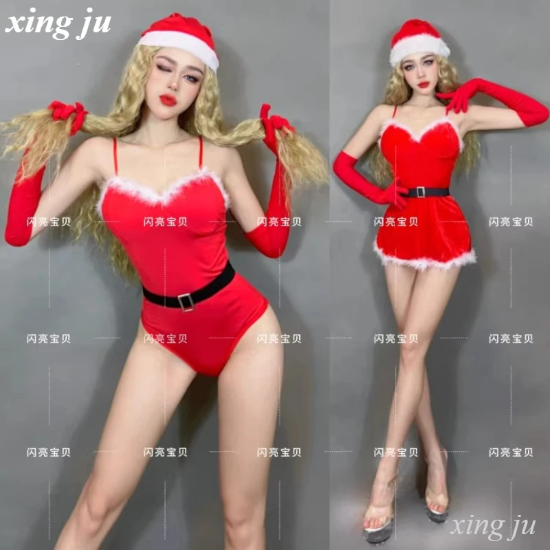 

Костюмы для танцев на пилоне Xing Ju: сексуальные рождественские наряды для женщин, красные комбинезоны-халтеры, платья на бретельках, обтягивающие шорты, одежда для ночных клубов и выступлений диджеев
