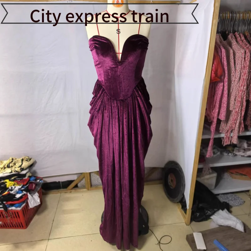 

Autumn Winter Printed Casual Linen Loose Sexy Dr High Waist Velvet Underarm Gown Ele Red Wine Color for Women